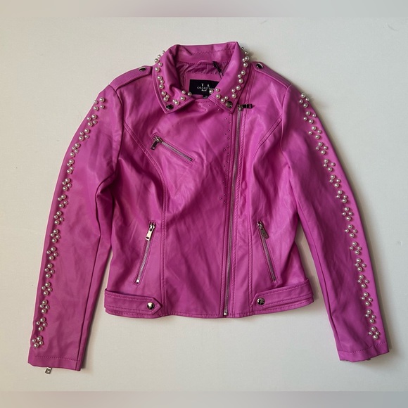 LA Coalition Pink Pearl Studded Faux Leather Moto Jacket Medium Barbie Inspired - Picture 7 of 14